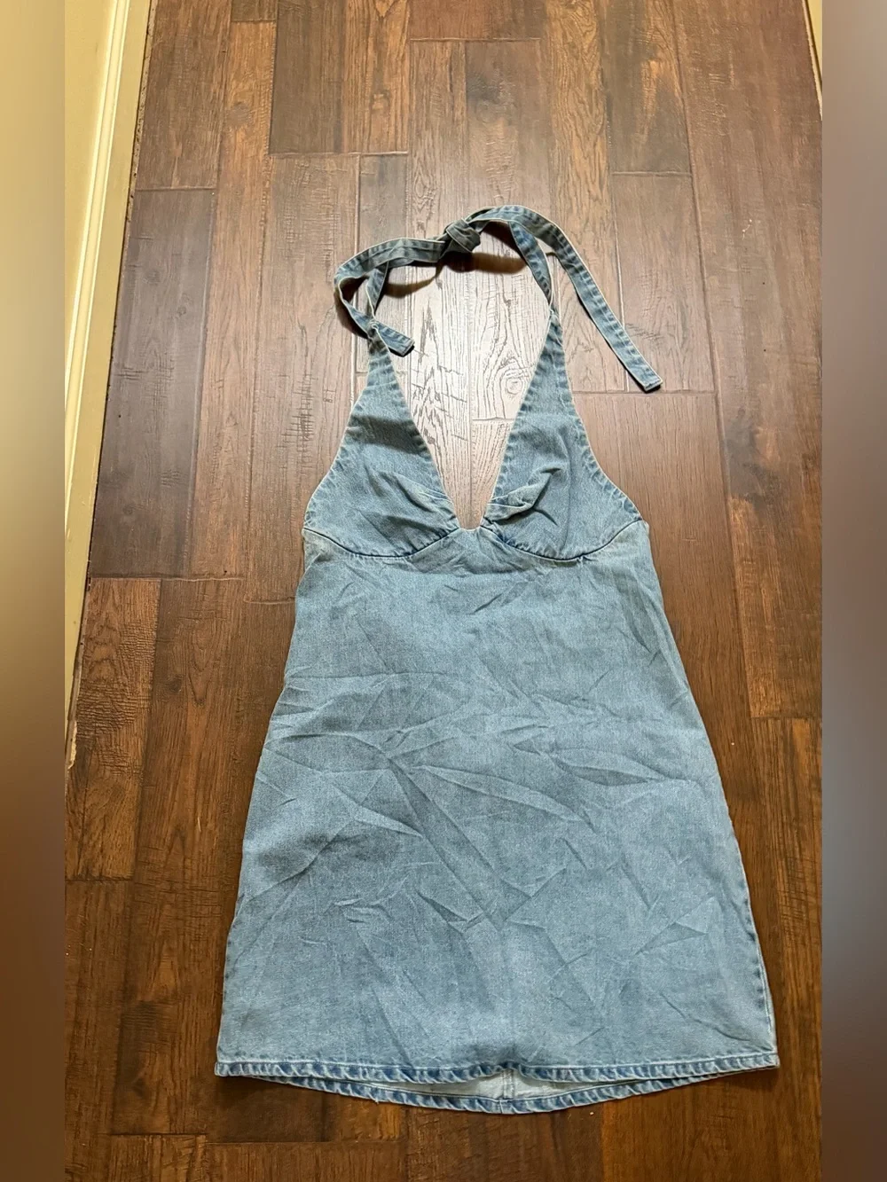 Free People Denim Halter Mini Dress • Open Back • Boho Western • Size XL